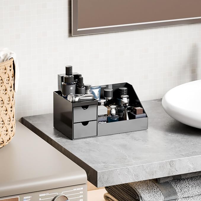 Makeup Organizer with 2 Drawer,Black Cologne Organizer for Men,Cologne Stand and Rack,Skin Care,Perfume Organizer Holder and Fragrance Shelf for Vanity,Bathroom Countertop and Dresser Top,1PCS