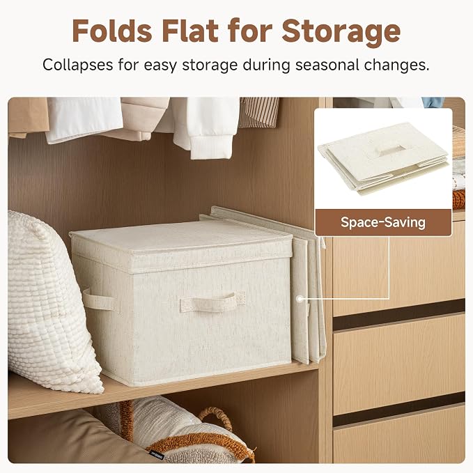 StorageWorks Fabric Storage Bins with Lids, Large Closet Storage Bins | Flip-Top Lid, 3 Handles, Collapsible, Stackable, for Clothes Blankets, Multi-Purpose, Large, Rustic Linen, 2-Pack