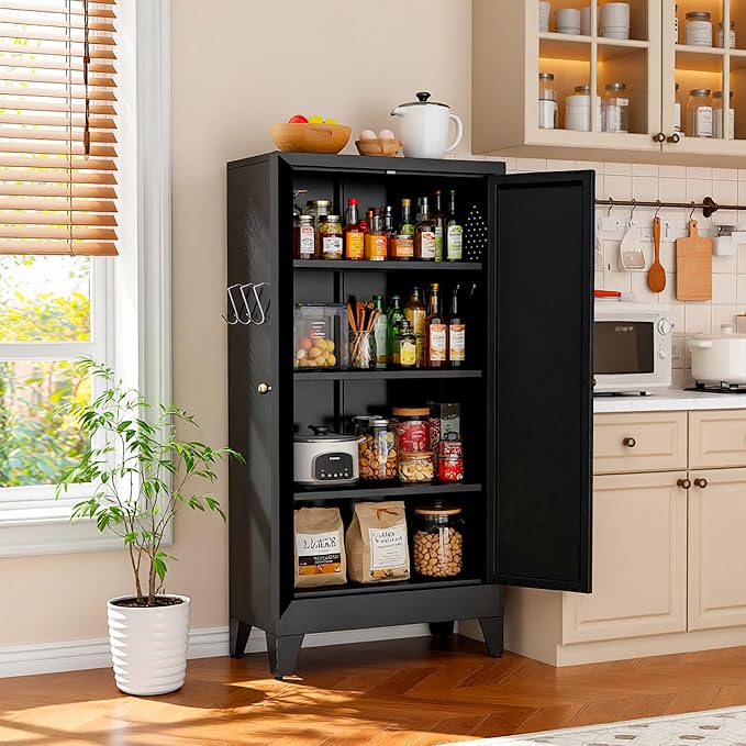 AQY Kitchen Pantry Cabinet,47" Black Pantry Storage Cabinet with 5 Tier Adjustable Shelves and 2 Doors,Freestanding Cupboard,Metal Pantry Cabinets with Handle for Living Room Kitchen Assembly Required