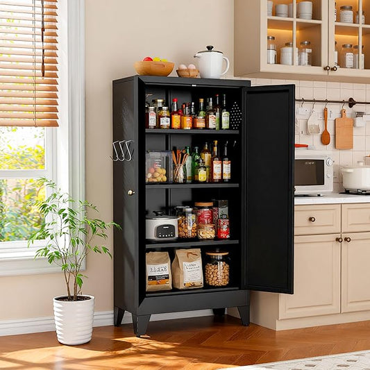 AQY Kitchen Pantry Cabinet,47" Black Pantry Storage Cabinet with 5 Tier Adjustable Shelves and 2 Doors,Freestanding Cupboard,Metal Pantry Cabinets with Handle for Living Room Kitchen Assembly Required