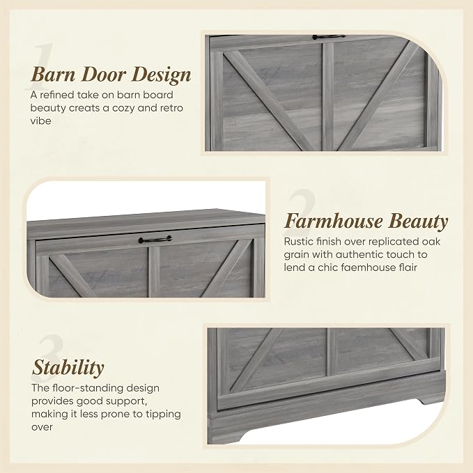Semiocthome Farmhouse Shoe Storage Cabinet with 2 Flip Drawers, 31.5"(W) Freestanding Shoe Organizer with Barn Door and Metal Handles for Entryway, Rustic Narrow Slim Shoe Rack Cabinet - Washed Gray