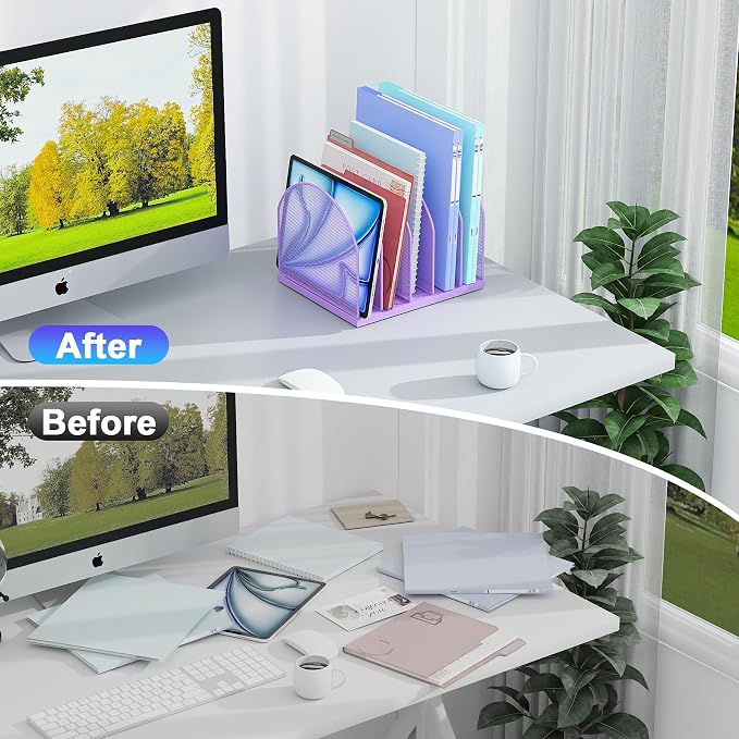 gianotter Desktop File Organizer, Desk Organizer with 5 Compartments, Paper Organizer for Desk, Workspace Organizers for Office Supplies (Purple, Upright Style)
