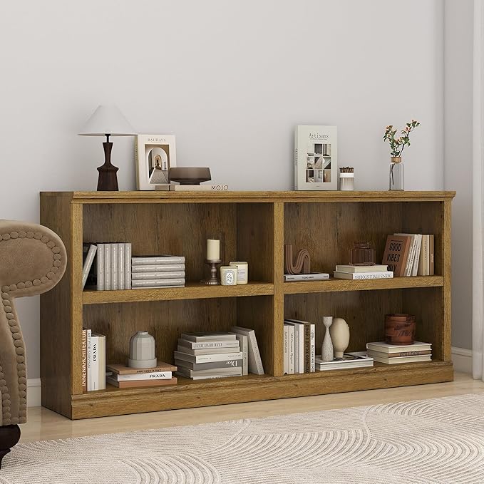 64" W Double Wide Open Shelf Bookcase, 2 Tiers 4 Storage Cube Book Case | Horizontal Bookshelf, Display Cabinet Organizer Indoor Furniture, Home Library Office, Vintage Oak Adjustable Shelf