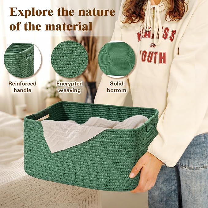 3 Pack Large Storage Basket for Organizing, 17.5"x13"x7" Woven Basket for Shelves, Closet Cube Storage Bins with Wrapped Handle, Cotton Rope Baskets for Kitchen, Clothes, Toys(Green)
