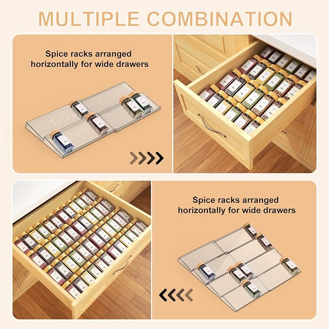 24 Spice Jars with Spice Drawer Organizer, 355 Spice Labels, 2 Pack Expandable From 11'' to 21'' Acrylic Spice Rack for Drawer, Seasoning Containers Storage Organization for Kitchen Cabinet Countertop