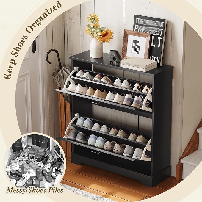 Semiocthome Farmhouse Shoe Storage Cabinet with 2 Flip Drawers, 31.5"(W) Freestanding Shoe Organizer with Barn Door and Metal Handles for Entryway, Corner Rustic Narrow Shoe Rack Cabinet - Black