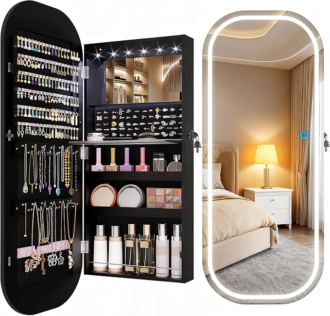 LED Mirror Jewelry Cabinet, Wall/Door Jewelry Organizer, 16" W Black | Lockable Jewelry Armoire with Full Length Mirror, 65 Ring and 108 Earring Slots, Foldable Shelf, Rounded Corner