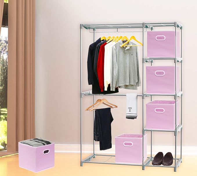 Simple Houseware 11-Inch Foldable Cube Storage Bins with Handles, Pink | 6-Pack Lightweight & Durable Structure Fabric Cubes Organizer for Closet or Shelves