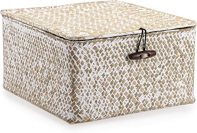 Hipiwe Handwoven Seagrass Basket with Lid Square Wicker Basket Storage Bin | Multipurpose Baskets Organizer Closet Storage Baskets Box Household Container for Home Decor, Small Whitewash