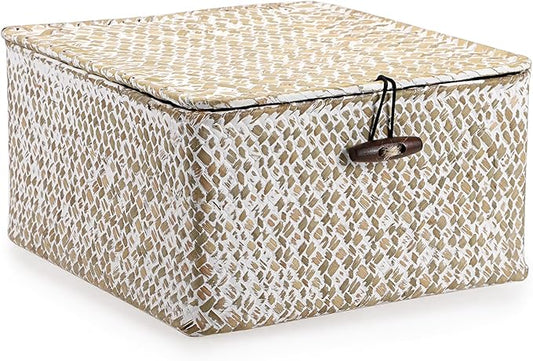 Hipiwe Handwoven Seagrass Basket with Lid Square Wicker Basket Storage Bin | Multipurpose Baskets Organizer Closet Storage Baskets Box Household Container for Home Decor, Small Whitewash