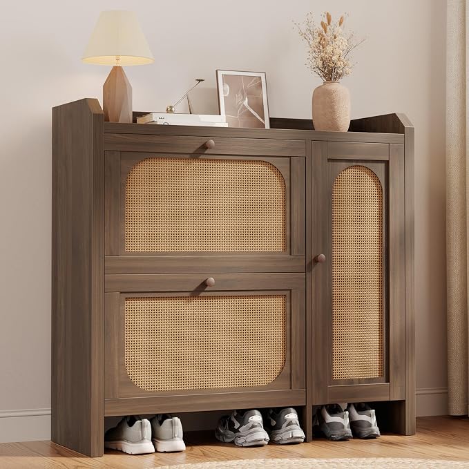 Shoe Cabinet Storage for Entryway with 2 Flip Drawers(3-Tier), Rattan Freestanding with Door & 3 Adjustable Shelve,Hidden Shoe Rack Organizer for Hallway, Foyer