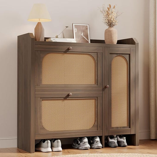 Shoe Cabinet Storage for Entryway with 2 Flip Drawers(3-Tier), Rattan Freestanding with Door & 3 Adjustable Shelve,Hidden Shoe Rack Organizer for Hallway, Foyer