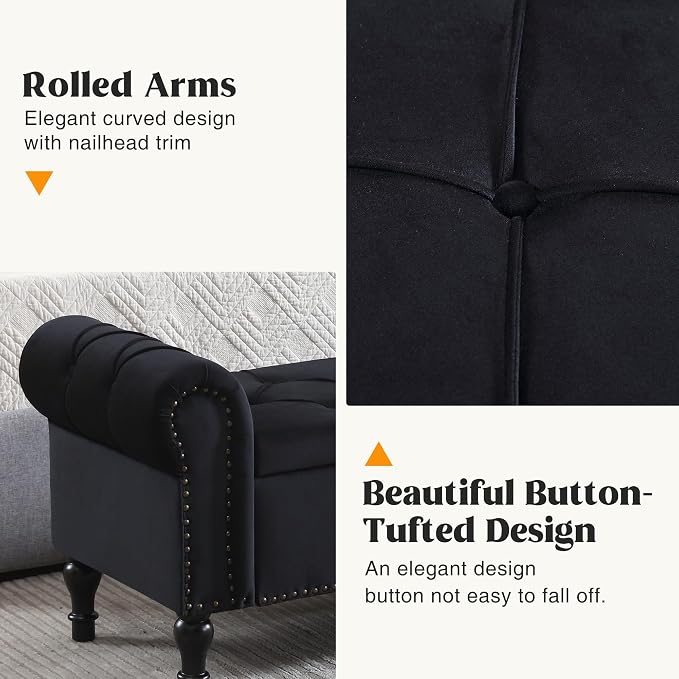 Storage Bed Bench for Bedroom, 67 Inches End of Bed Bench, Velvet King Size Bench with Arms, Tufted Button Storage Ottoman Benches, Upholstered Bench for Bedroom, Living Room, Entryway, Black