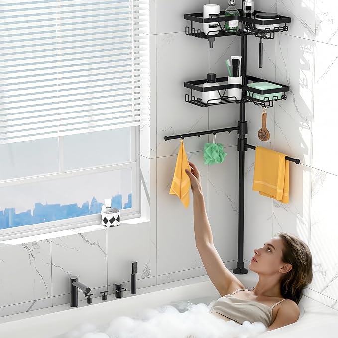 DAOYA Shower Caddy Tension Pole Corner with 4 Removable Baskets & 2 Towel Bar - Expandable Shower Caddy Corner Adjustable 25-114.2 Inches Upgraded Bath Organizer for Tub(Stainless Steel, Black)