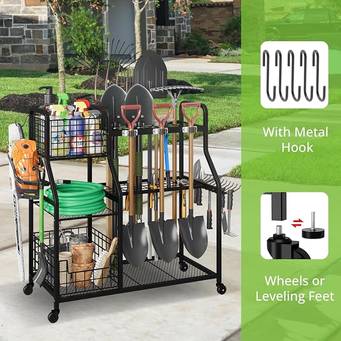 keomaisyto Garden Tool Holder Organizer with Heavy Duty Wheels for Garage | Large Yard Tool Organizer with 2 Baskets, Utility Garden Tool Rack for/Shed/Garage/Yard/Basement/Lawn