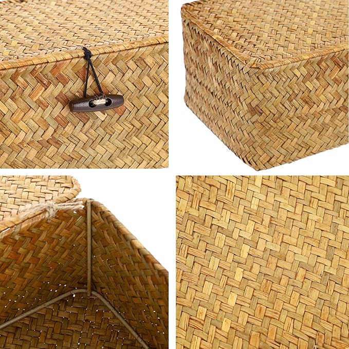 Hipiwe Wicker Shelf Baskets Bin with Lid Woven Seagrass Storage Box, Large | Decorative Basket Organizer Rectangular Household Basket Boxes for Shelf Wardrobe Home Decor, Caramel