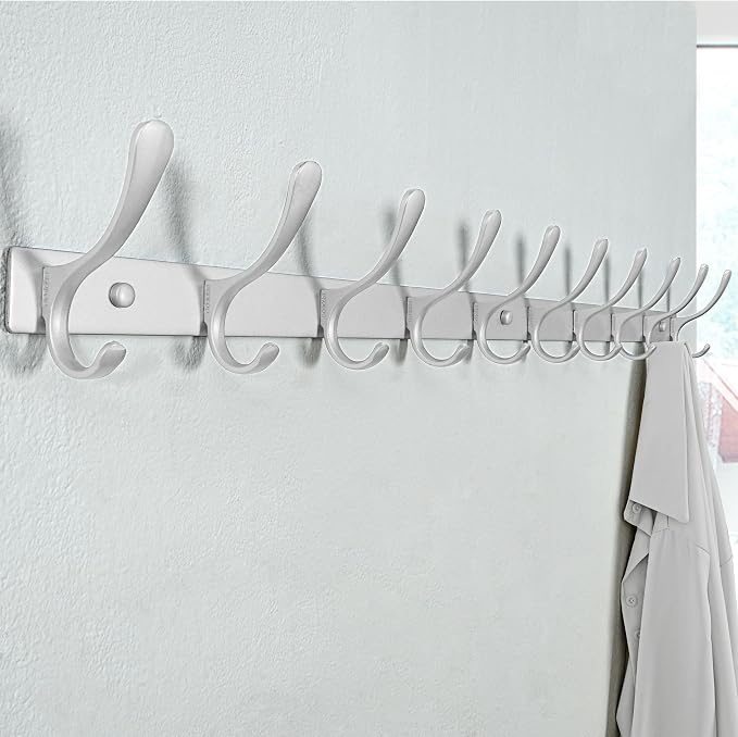 SKOLOO Coat Rack Wall Mounted - 10 Hooks, Pack of 2, Heavy Duty, Stainless Steel, Metal Wall Hangers, Sturdy Coat Hooks for Hanging Coats, Jacket, Clothes, Hat, Cold Light Silver