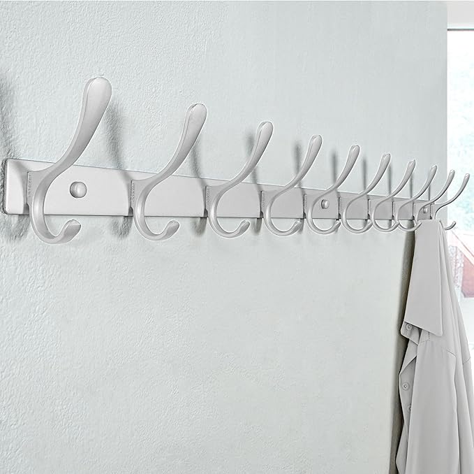 SKOLOO Coat Rack Wall Mounted - 10 Hooks, Heavy Duty, Stainless Steel, Metal Wall Hanger, Sturdy Coat Hooks for Hanging Coats, Jacket, Clothes, Hat, Cold Light Silver