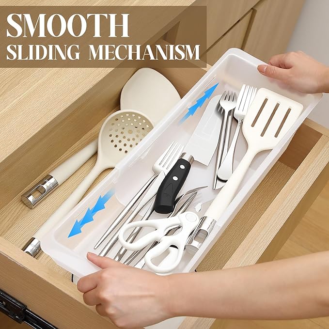 2 Pack Adjustable Deep Drawer Organizer Storage Bin(17" to 27”) | Expandable Drawer Storage, Adjustable Size, Kitchen Cabinet Organization