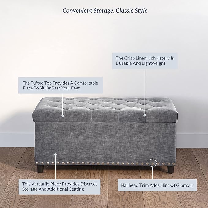BELLEZE Storage Ottoman, Tufted Ottoman with Close Hinge, Foot Rest for Living Room (Gray, 31 inch)