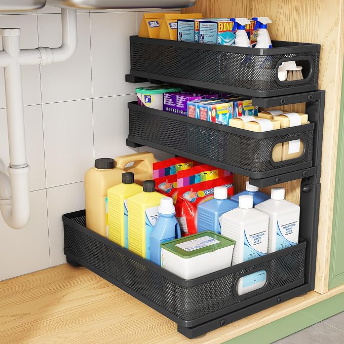 Kitstorack Under Sink Organizer, 1-Pack 3-Tier Height Adjustable Thickened Metal Pull out Cabinet Organizer Shelf, Slide out Storage Drawer Rack for Bathroom Kitchen Pantry Home Laundry Organization