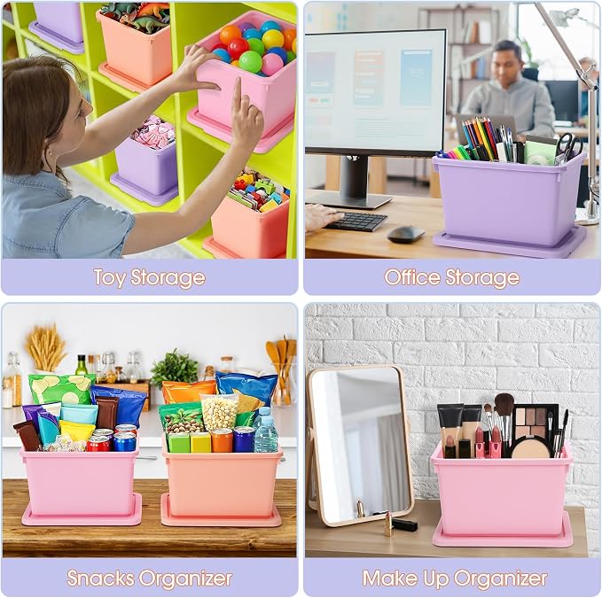Potchen 6 Pack Small Stackable Storage Bins with Lids Plastic Storage Boxes for Classroom 9.8" ×7.3" ×5.7" Decorative Organizer Bins for Craft Art Office Teacher Supplies (Pink,Purple,Orange)
