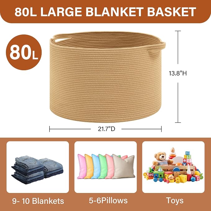 Foldable Laundry Hamper Basket with Collapsible Handle Cotton Rope Soft Woven Fabric Storage Organizer Clothes Toys Nursery Bedroom Dorm Space Saving Bin (Camel, 80L(21.7"D x 13.8"H))