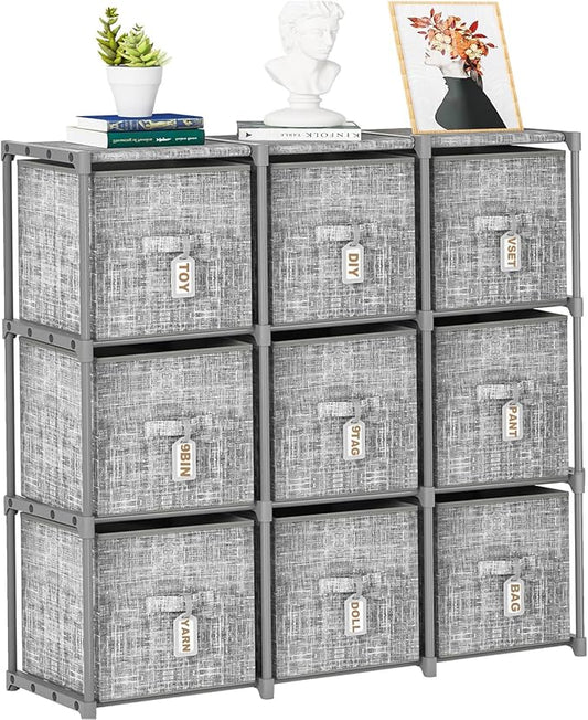 9 Cube Closet Organizer + 9 Bins + Labels | Adjustable Modular Storage Shelf, Beautiful Printed Cubby Organizer, Large Capacity, Living Room, Dorm, Yarn