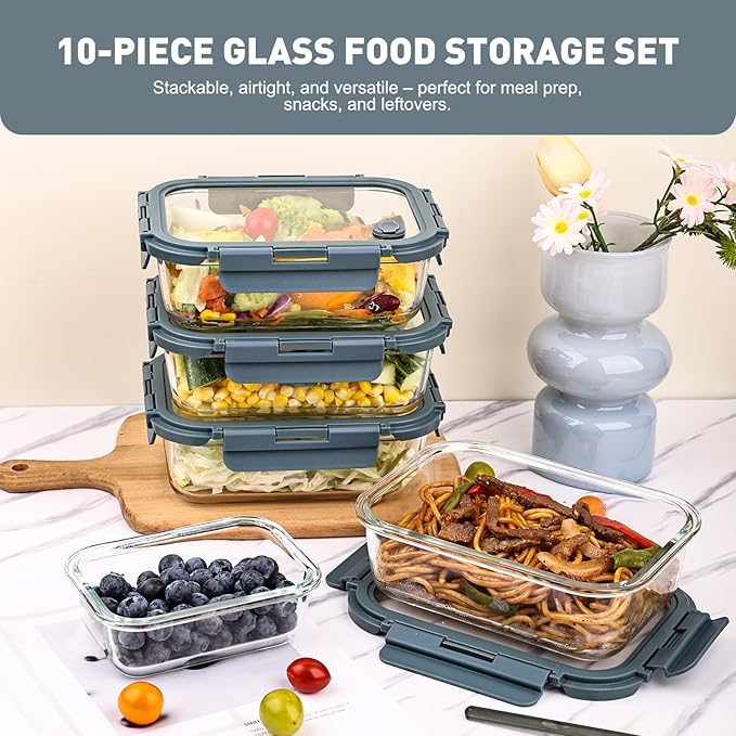 Liuruiyu 10 Pack Glass Food Storage Containers with Glass Lids, Airtight Meal Prep Containers, Leak-Proof Bento Boxes for Microwave, Oven, Freezer & Dishwasher, BPA-Free