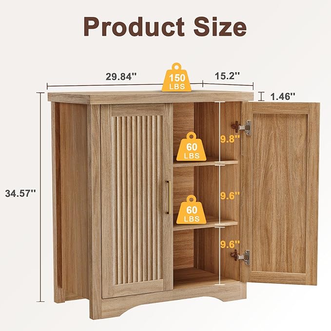 29" Fluted Sideboard Buffet Cabinet with Storage,Natural Oak | Modern Credenza with 2 Doors & Adjustable Shelves,Coffee Bar Table Console for Dining Room Kitchen Living Room Entryway