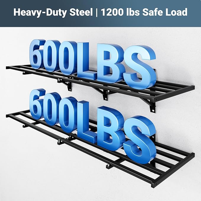 FLEXIMOUNTS 2-Pack 2x6ft Garage Wall Shelving with 8 Hooks, 1200lbs, Black | Heavy Duty Garage Shelving Wall Mounted, Rustproof Finish, Storage for Power Tools, Garden Supplies, Storage Bin, Lite Series