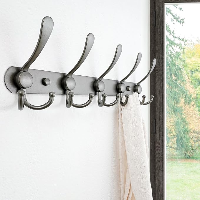 Dseap Coat Rack Wall Mounted - 5 Tri Hooks, Heavy Duty, Stainless Steel, Metal Coat Hook Rail for Coat Hat Towel Purse Robes Mudroom Bathroom Entryway (Grey, Pack of 2)