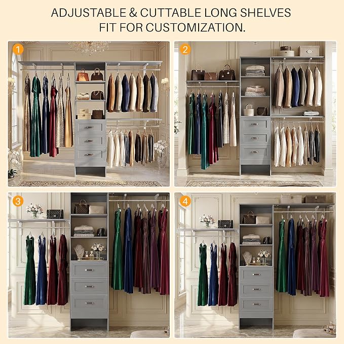 8FT Closet System with 3 Curved Drawers, 96'' Wooden Walk-in Closet Organizer with 3 Top Shelves, Adjustable Organizer System with 3 Hanging Rods, Built-in Wardrobe Storage Rack for 4-8 ft, Grey
