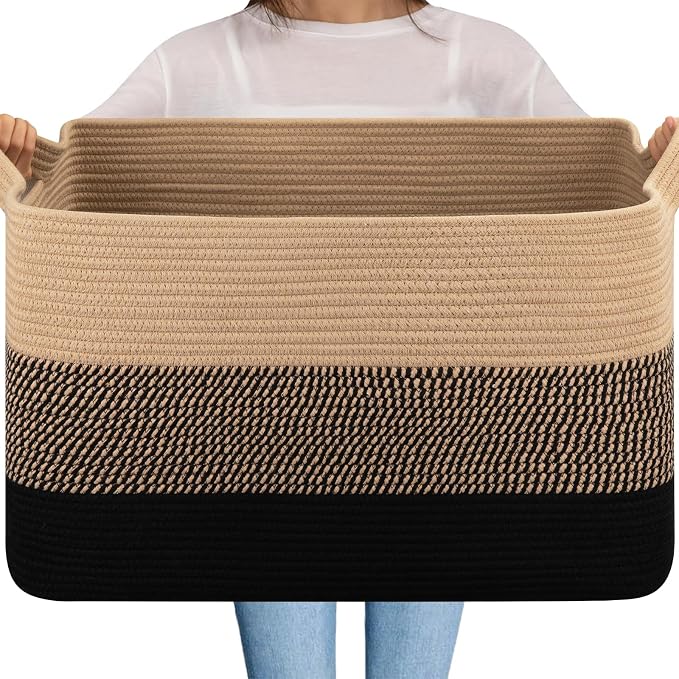 OIAHOMY Extra Large Blanket Basket, 95L Cotton Rope Woven Laundry Basket, Toy Bin for Baby Room, Container for Blanket Storage in Living Room, 24''×17''×14'', Brown & Black