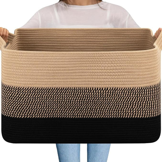 OIAHOMY Extra Large Blanket Basket, 95L Cotton Rope Woven Laundry Basket, Toy Bin for Baby Room, Container for Blanket Storage in Living Room, 24''×17''×14'', Brown & Black
