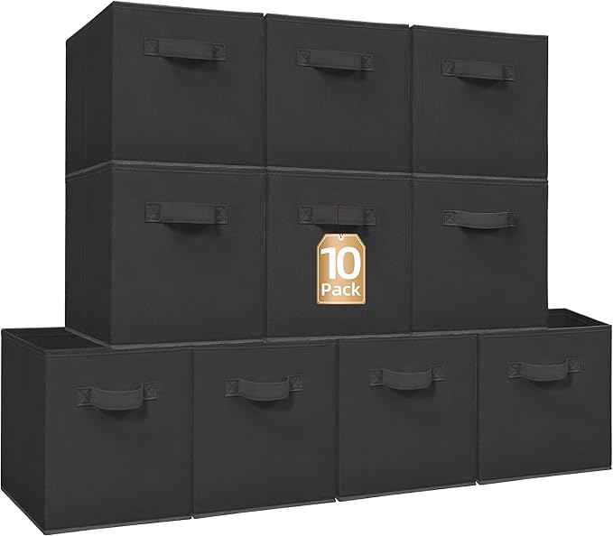 STORAGE MANIAC Storage Cubes, 11 Inch Collapsible Storage Bins with Handles, 10 Pack Fabric Foldable Bins for Organization, Durable Storage Bins for Closet, Shelves, Offices, Toys, 10-Pack Black