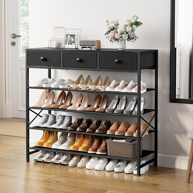 5 Tier Shoe Rack with 3 Drawers Black | Holds 24-30 pairs. 3 drawers for accessories. Fabric shelves keep shoes dust-free. Quick 20-min assembly.