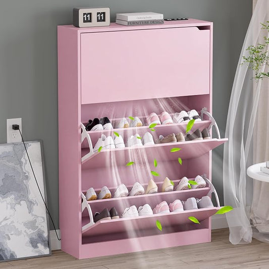 BORNOON Shoe Cabinet with Odor Control and Back Panels, Deodorizing Slim 3-Flip Shoe Storage Cabinet for Entryway, Freestanding Hidden Shoe Rack Organizer for Entrance, Hallway, Bedroom