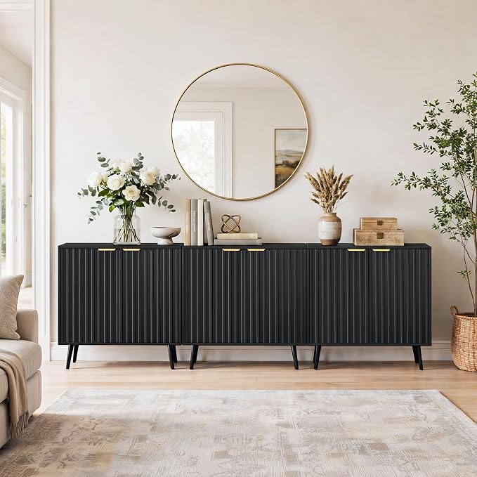 Set of 3 Fluted Storage Cabinet, Buffet Cabinet with Storage, Wood Sideboard with Adjustable Shelf, Modern Accent Cabinet & Console Table for Entryway, Living Room, Dining Room, Black