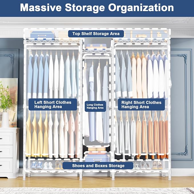 E12 Clothes Rack，Heavy Duty Freestanding Garment Rack with Shelves，Metal Clothing Closet Storage System for Hanging Clothes，57.1" W x 16" D x 76.5" H, Hold 860 lbs，White
