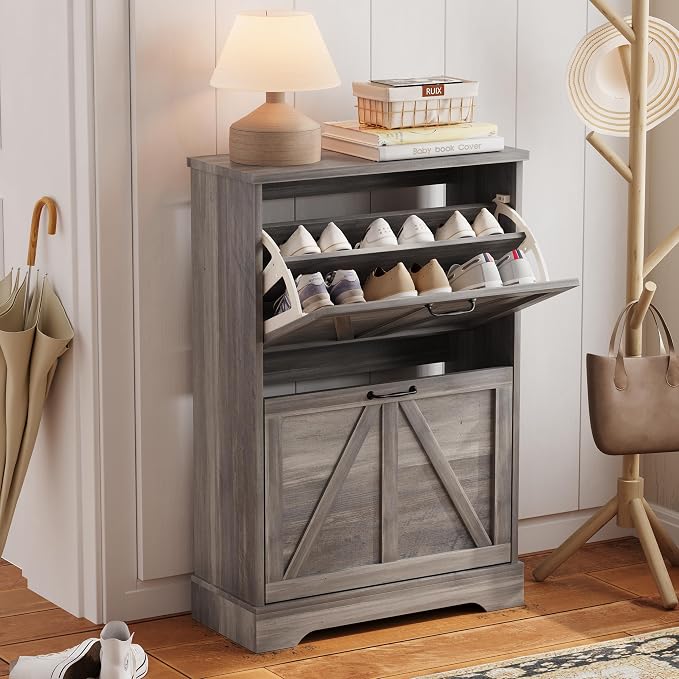Semiocthome Farmhouse Shoe Storage Cabinet with 2 Flip Drawers, 23.6"(W) Freestanding Shoe Organizer with Barn Door and Metal Handles for Entryway, Rustic Narrow Slim Shoe Rack Cabinet - Washed Gray