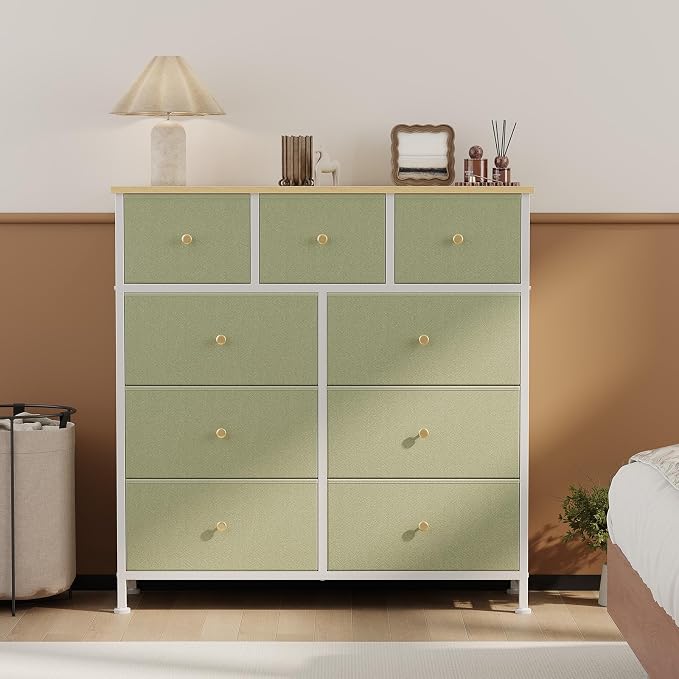 OLIXIS 9 Drawer Tall Dresser for Bedroom, Closet Organizers and Storage | Fabric Dresser with Wooden Top, Chest of Drawers for Clothes Storage, Tower Cabinet, Furniture, TV Stand, Light Green