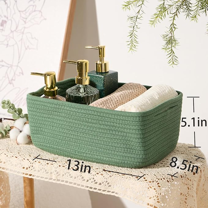 MiniArk Small Storage Baskets for Organizing | Closet Organizer Bins | Shelf Toy Basket | Woven Rope Baskets | Cube Decorative Box | Shallow Basket | 13x8.5x5.1” | 4 Packs Green