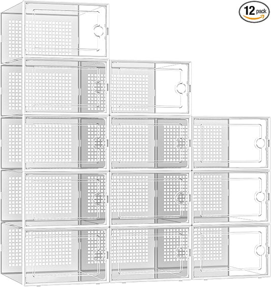 Kuject X-Large Shoe Storage Boxes 12 Pack, Clear Stackable Shoe Organizer | Shoe Case for Closet, Entryway & Under-Bed Storage, Drop-Front Design, Space-Saving Solution for Family Organization,White
