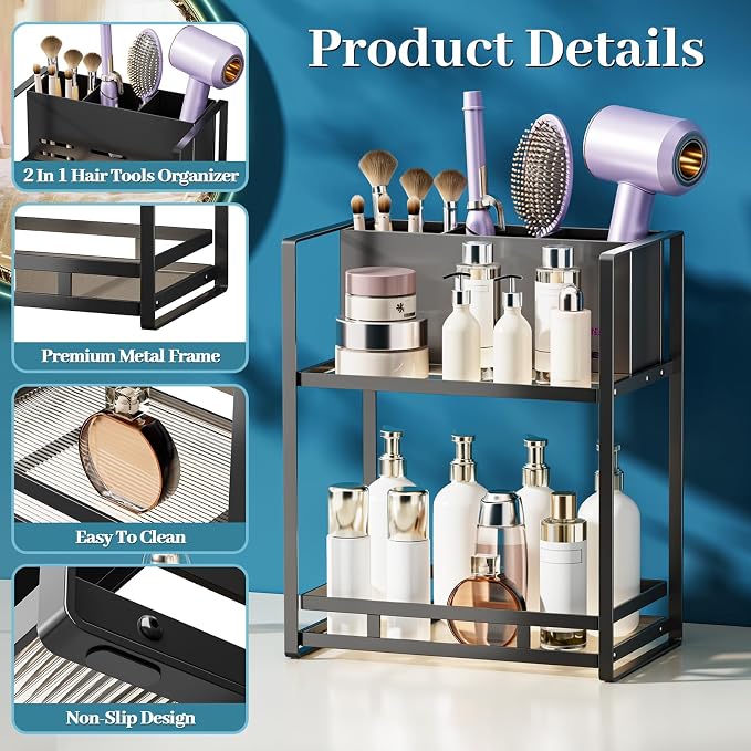 Bathroom Counter Organizer, Metal Vanity Shelf with Hair Dryer Holder | 2-Tier Hair Tool Organizer, Large Capacity Space-Saving, For Perfume,Skincare & Makeup Storage, Black