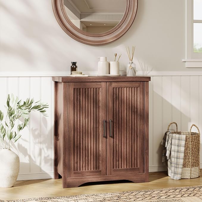 29" Fluted Sideboard Buffet Cabinet with Storage,Walnut | Modern Credenza with 2 Doors & Adjustable Shelves,Coffee Bar Table Console for Dining Room Kitchen Living Room Entryway