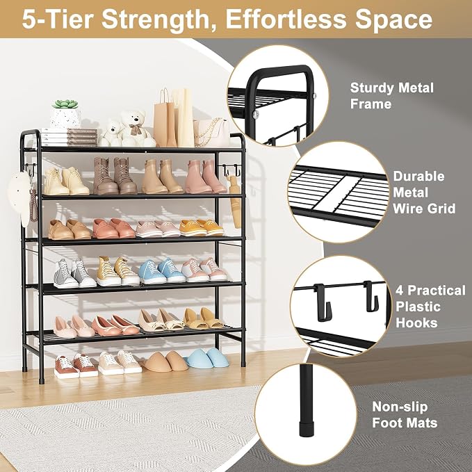 VILICK 5 Tier Shoe Rack 33" Wide Metal Shoe Organizer Long Shoe Storage with 4 Side Hooks Sturdy Shoes Shelf for Closet, Front Door Entrance, Garage, Dorm, Black