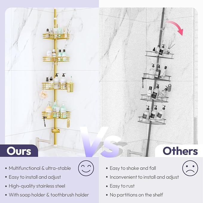 SWTYMIKI Shower Caddy Tension Pole - 4-Tier Corner Shower Organizer Tension Rod with Soap Holder, Toothbrush Holder & 4 Hooks, Adjustable Stainless Steel Bathroom Organizer 27.6 to 108.3 inch, Gold