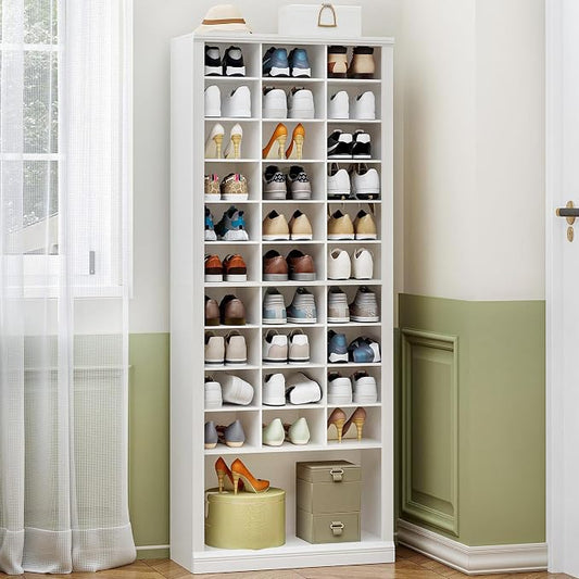 Hzuaneri 11 Tiers Shoe Storage Cabinet, Tall Shoes Cabinet with Cubby | Freestanding Wooden Shoe Organizer, 30-33 Pairs, Shoes Cubby Organizer for Entryway, Bedroom, White SR39303X