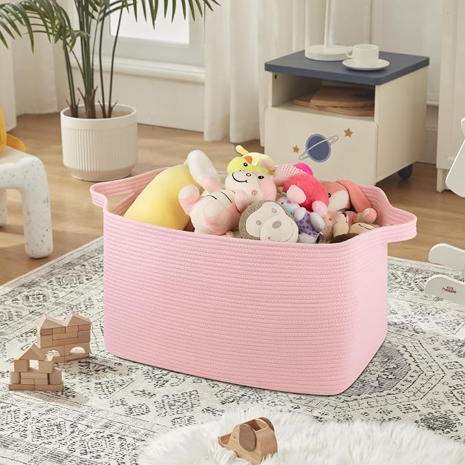 OIASKET 95L Extra Large Blanket Basket, 24" x 16.9" x 14.2" Woven Storage Basket for Living Room, Rectangle Nursery Blanket Storage for Toys, Towels, Dirty Clothes (Pink)